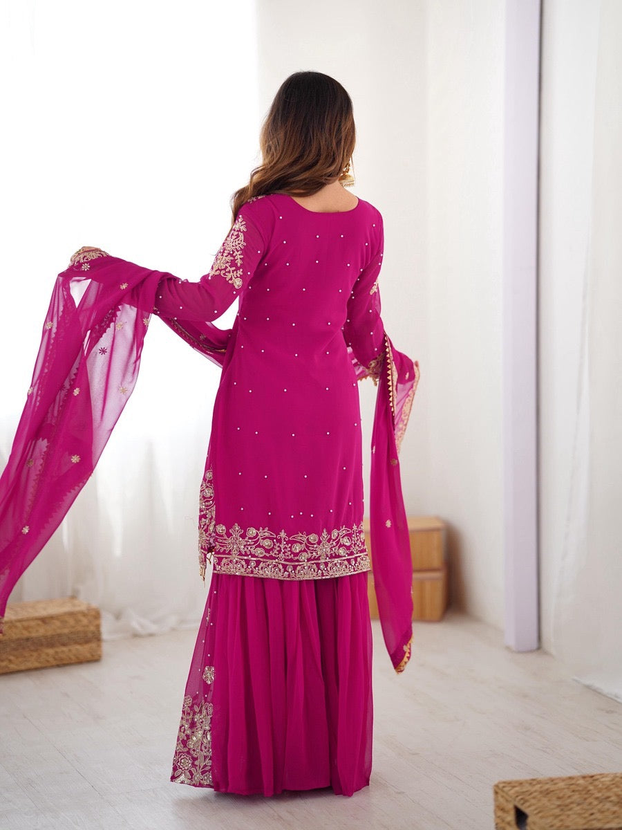 MODERN GEORGETTE CODING DORI EMBROIDERY WITH SEQUENCE & THREAD AND PEARL WORK TOP SHARARA WITH DUPATTA PINK