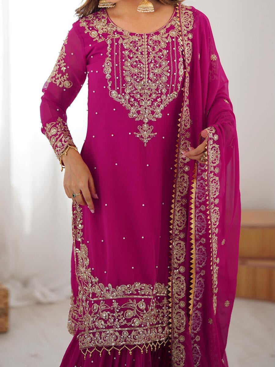 MODERN GEORGETTE CODING DORI EMBROIDERY WITH SEQUENCE & THREAD AND PEARL WORK TOP SHARARA WITH DUPATTA PINK