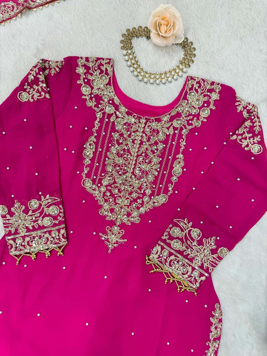 MODERN GEORGETTE CODING DORI EMBROIDERY WITH SEQUENCE & THREAD AND PEARL WORK TOP SHARARA WITH DUPATTA PINK