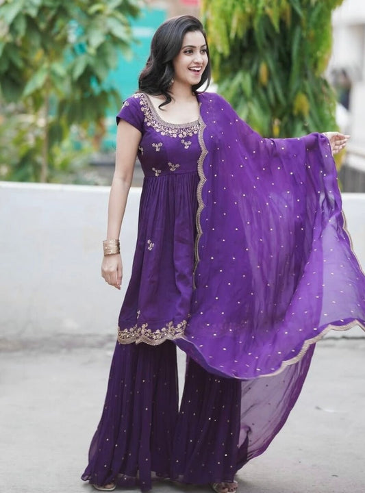 GORGEOUS CHINON SILK ZARI SEQUENCE EMBROIDERY WORK TOP SHARARA WITH DUPATTA PURPLE