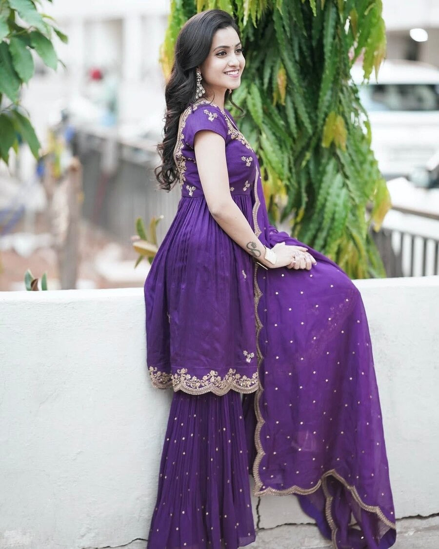 GORGEOUS CHINON SILK ZARI SEQUENCE EMBROIDERY WORK TOP SHARARA WITH DUPATTA PURPLE