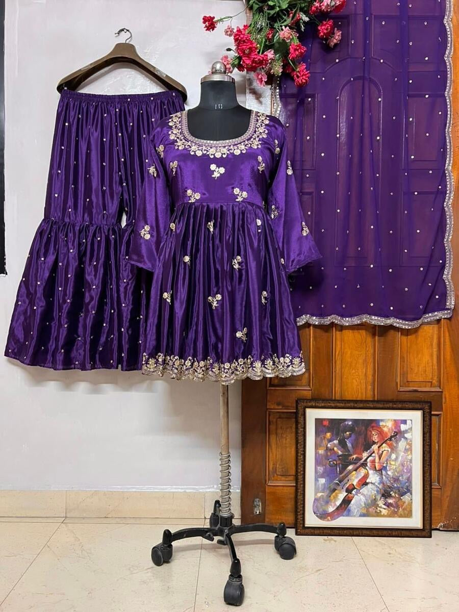 GORGEOUS CHINON SILK ZARI SEQUENCE EMBROIDERY WORK TOP SHARARA WITH DUPATTA PURPLE