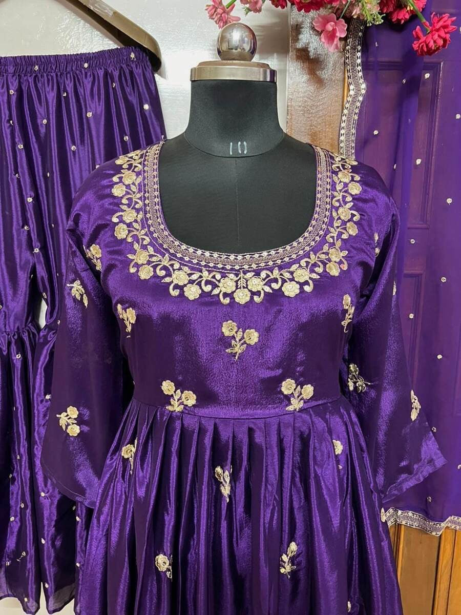GORGEOUS CHINON SILK ZARI SEQUENCE EMBROIDERY WORK TOP SHARARA WITH DUPATTA PURPLE