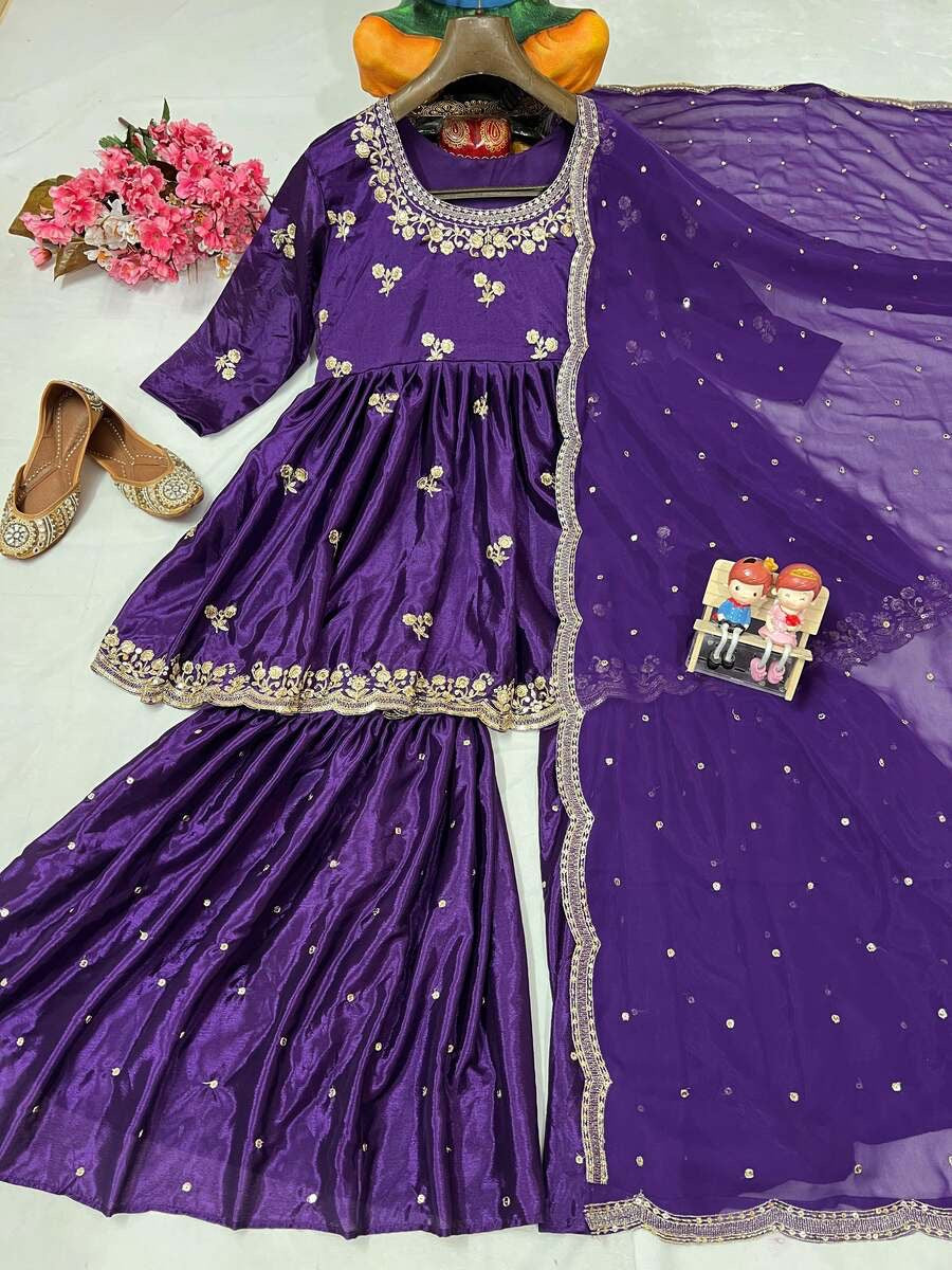 GORGEOUS CHINON SILK ZARI SEQUENCE EMBROIDERY WORK TOP SHARARA WITH DUPATTA PURPLE