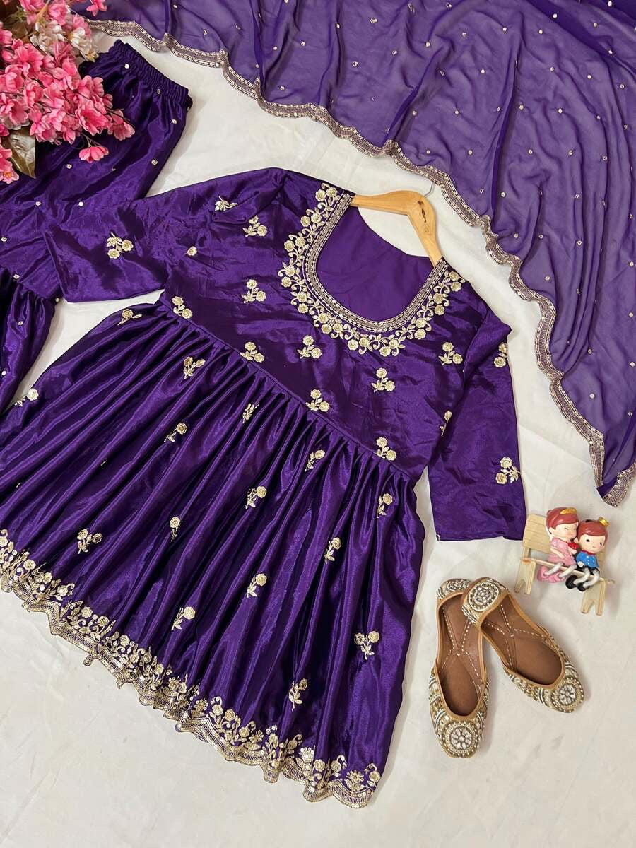 GORGEOUS CHINON SILK ZARI SEQUENCE EMBROIDERY WORK TOP SHARARA WITH DUPATTA PURPLE