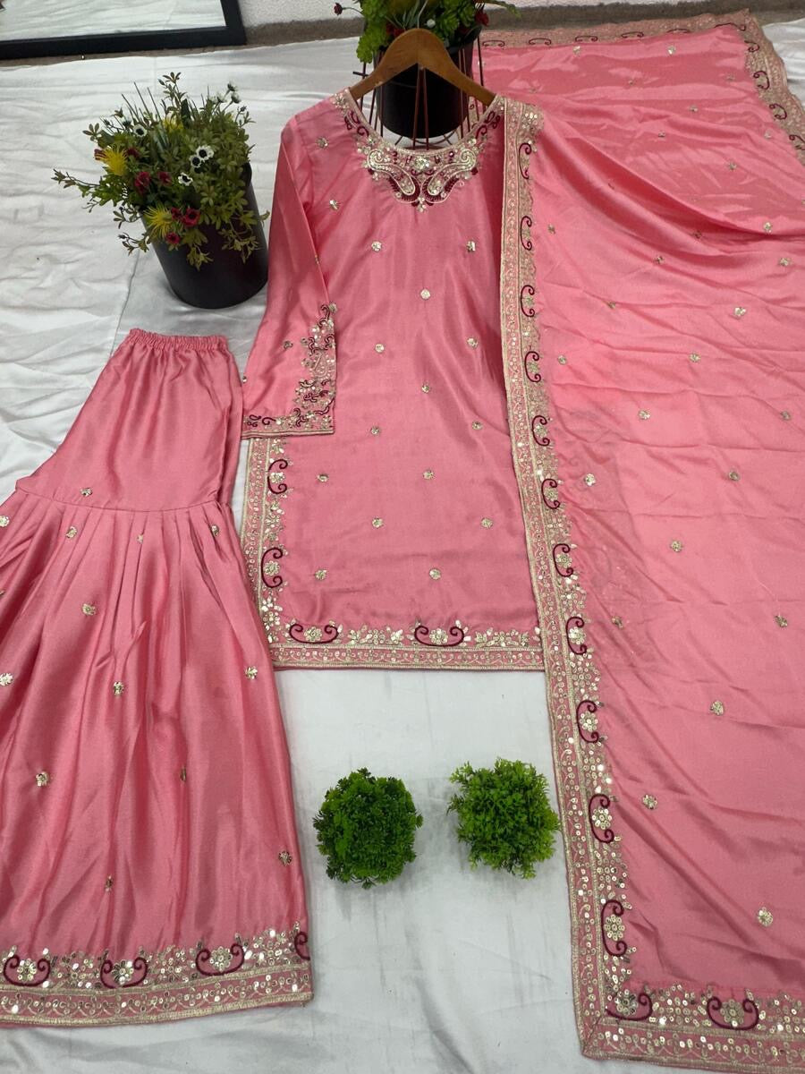 FANCY CHINON SILK EMBROIDERY SEQUENCE WORK TOP SHARARA WITH DUPATTA PINK