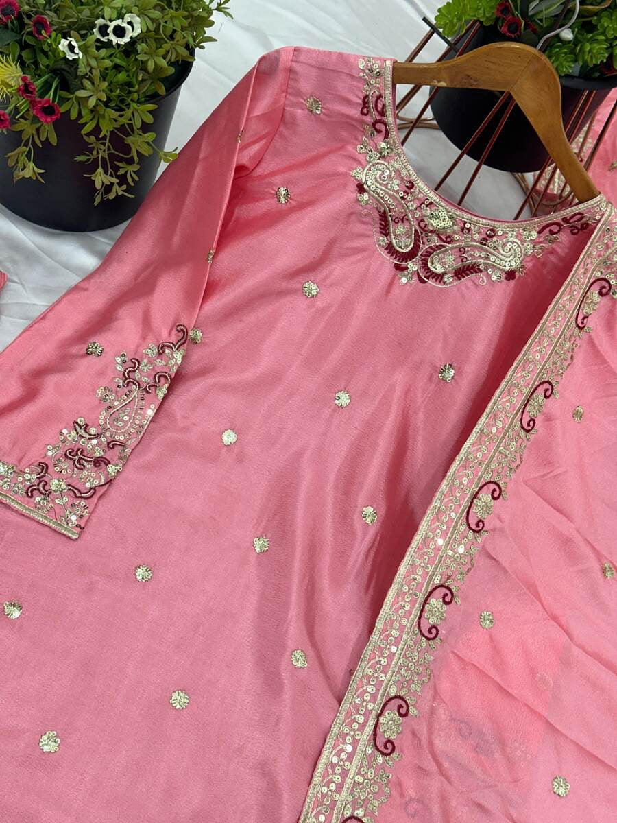 FANCY CHINON SILK EMBROIDERY SEQUENCE WORK TOP SHARARA WITH DUPATTA PINK