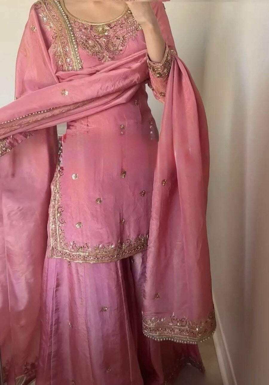 FANCY CHINON SILK EMBROIDERY SEQUENCE WORK TOP SHARARA WITH DUPATTA PINK