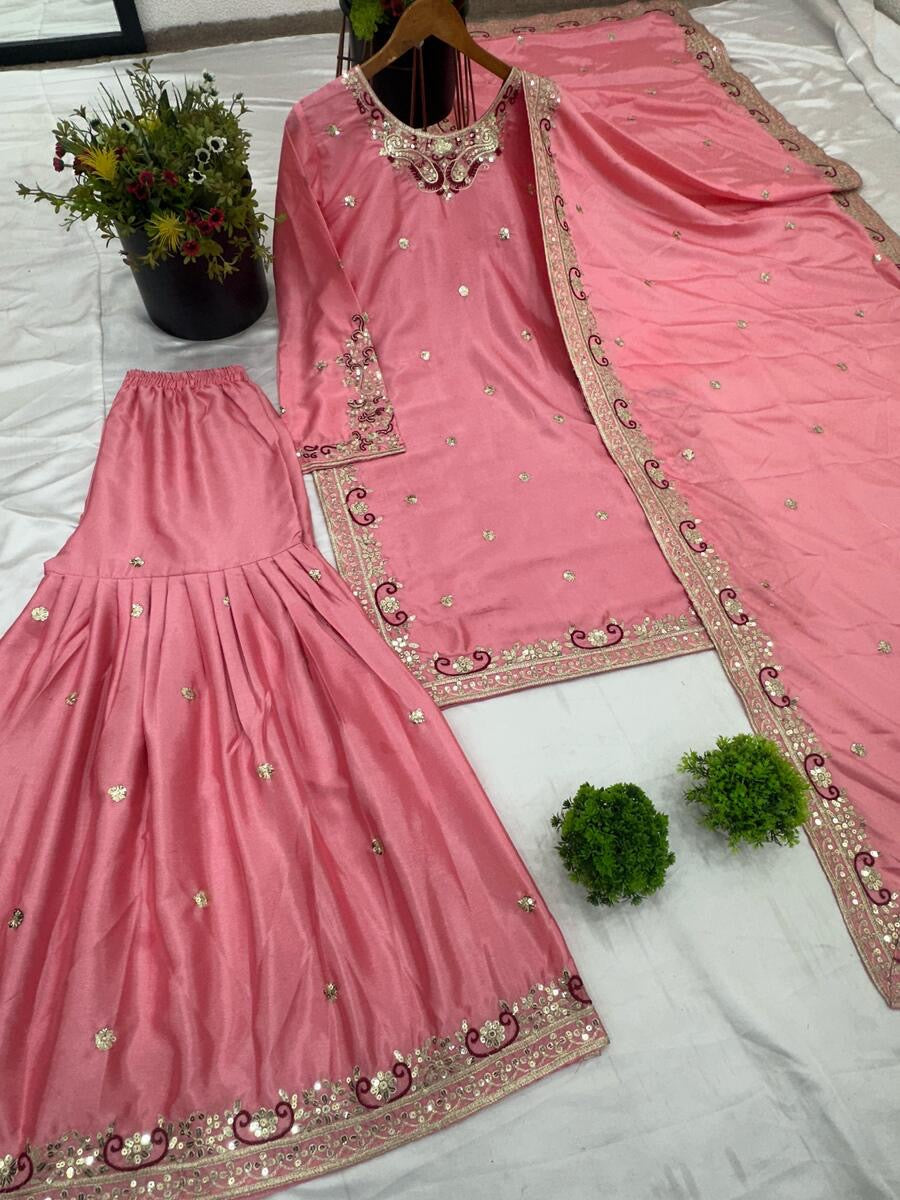 FANCY CHINON SILK EMBROIDERY SEQUENCE WORK TOP SHARARA WITH DUPATTA PINK