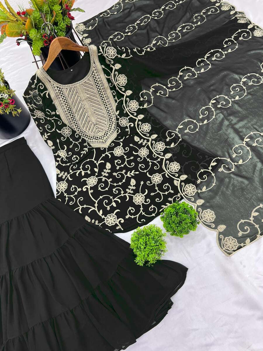 NEW ARRIVAL GEORGETTE EMBROIDERY WORK TOP SHARARA WITH DUPATTA BLACK