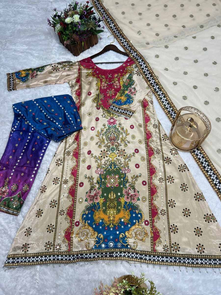 FANCY CHINON SILK DIGITAL PRINT WITH REAL MIRROR HAND WORK WITH LSCE BORDER WORK TOP BOTTOM WITH DUPATTA OFF WHITE