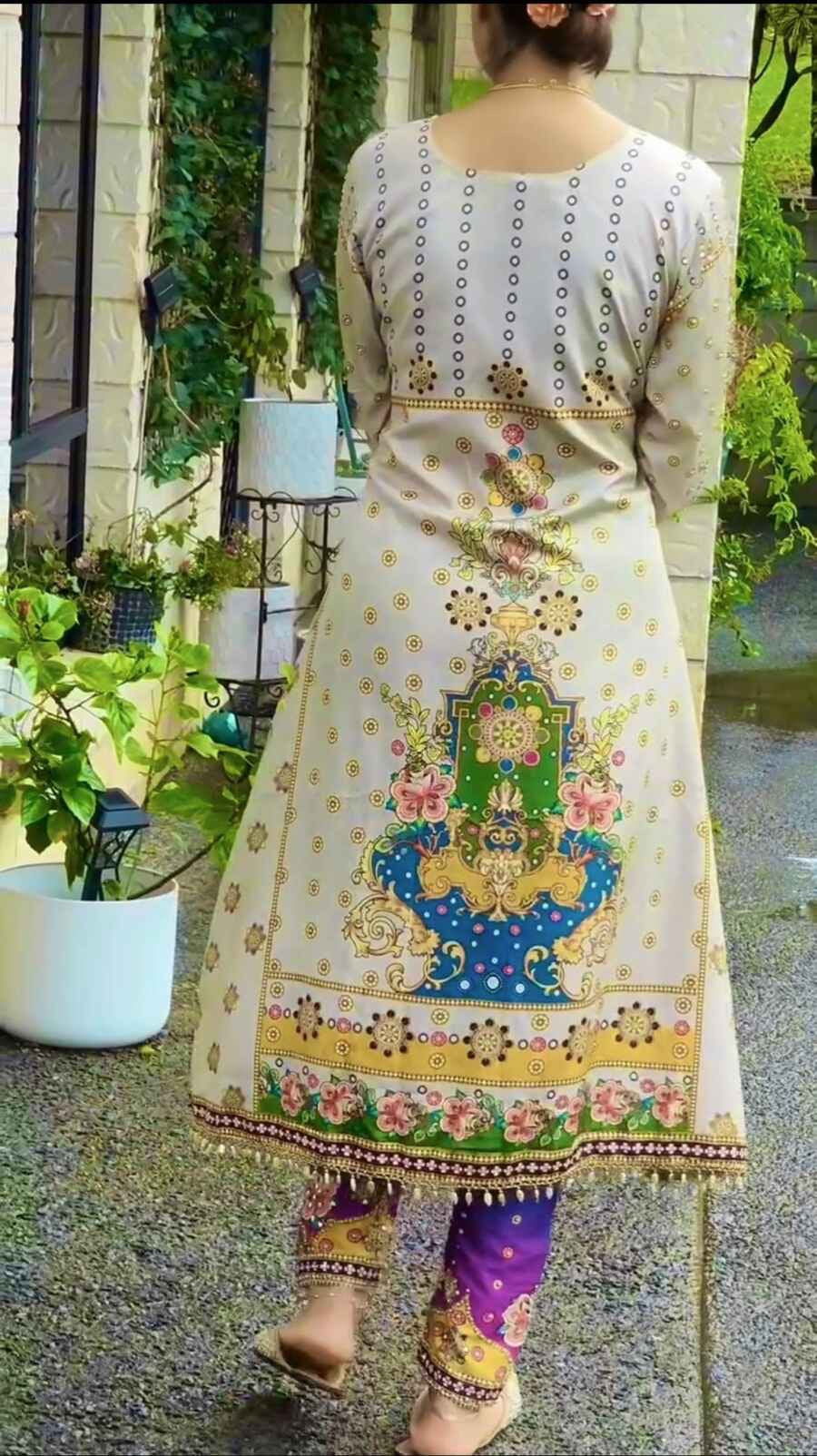 FANCY CHINON SILK DIGITAL PRINT WITH REAL MIRROR HAND WORK WITH LSCE BORDER WORK TOP BOTTOM WITH DUPATTA OFF WHITE