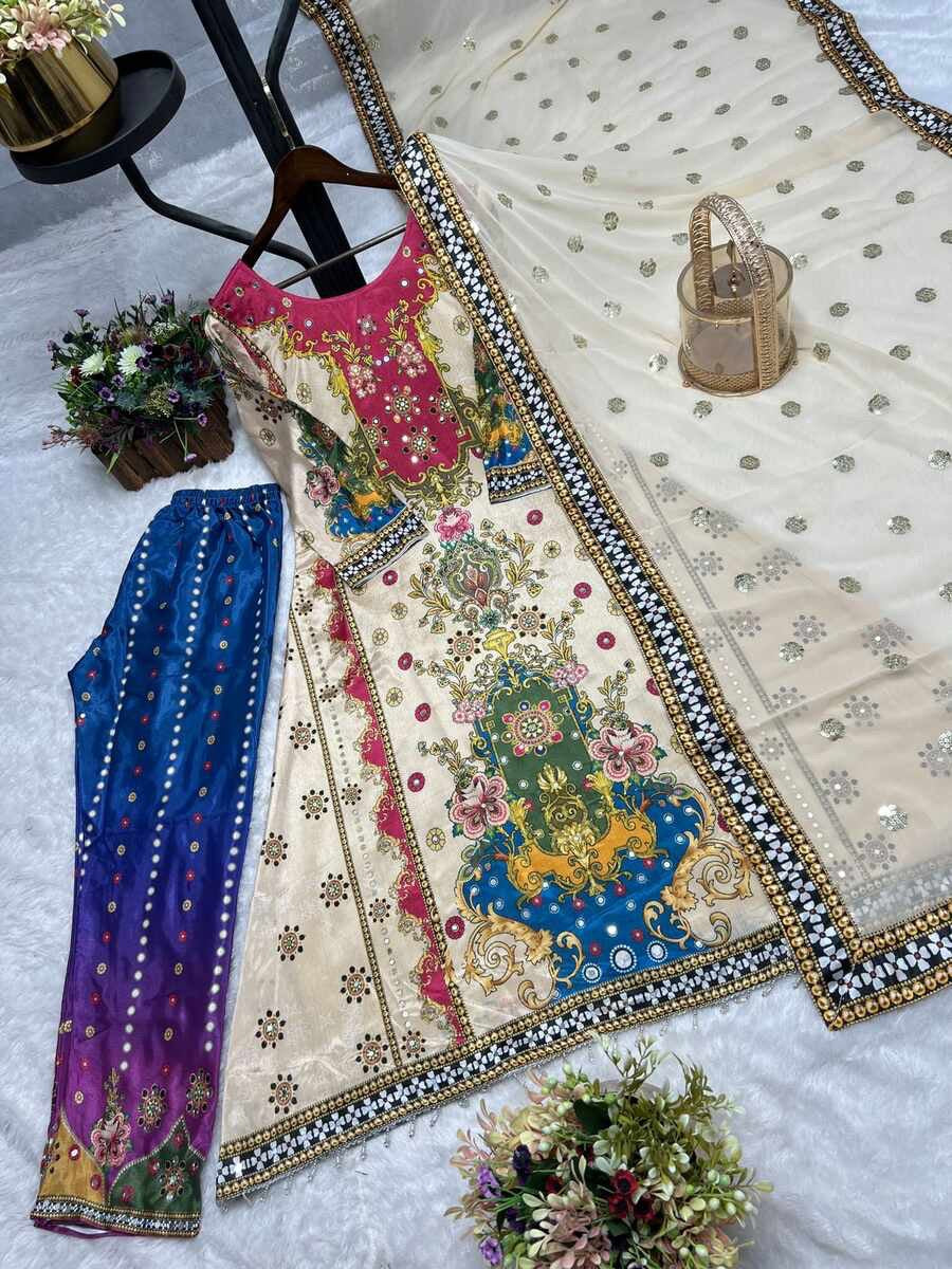 FANCY CHINON SILK DIGITAL PRINT WITH REAL MIRROR HAND WORK WITH LSCE BORDER WORK TOP BOTTOM WITH DUPATTA OFF WHITE