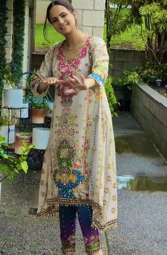 FANCY CHINON SILK DIGITAL PRINT WITH REAL MIRROR HAND WORK WITH LSCE BORDER WORK TOP BOTTOM WITH DUPATTA OFF WHITE