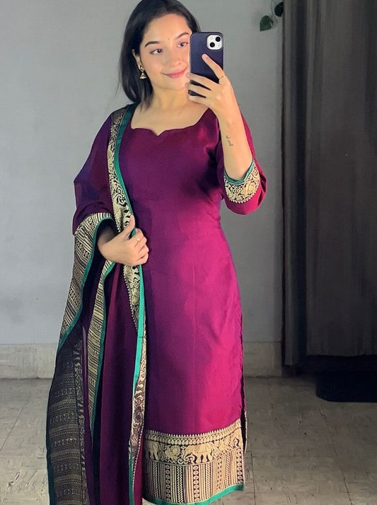 NEW ARRIVAL VICHITRA SILK JACQUARD ZARI WEAVING WORK TOP WITH DUPATTA PURPLE