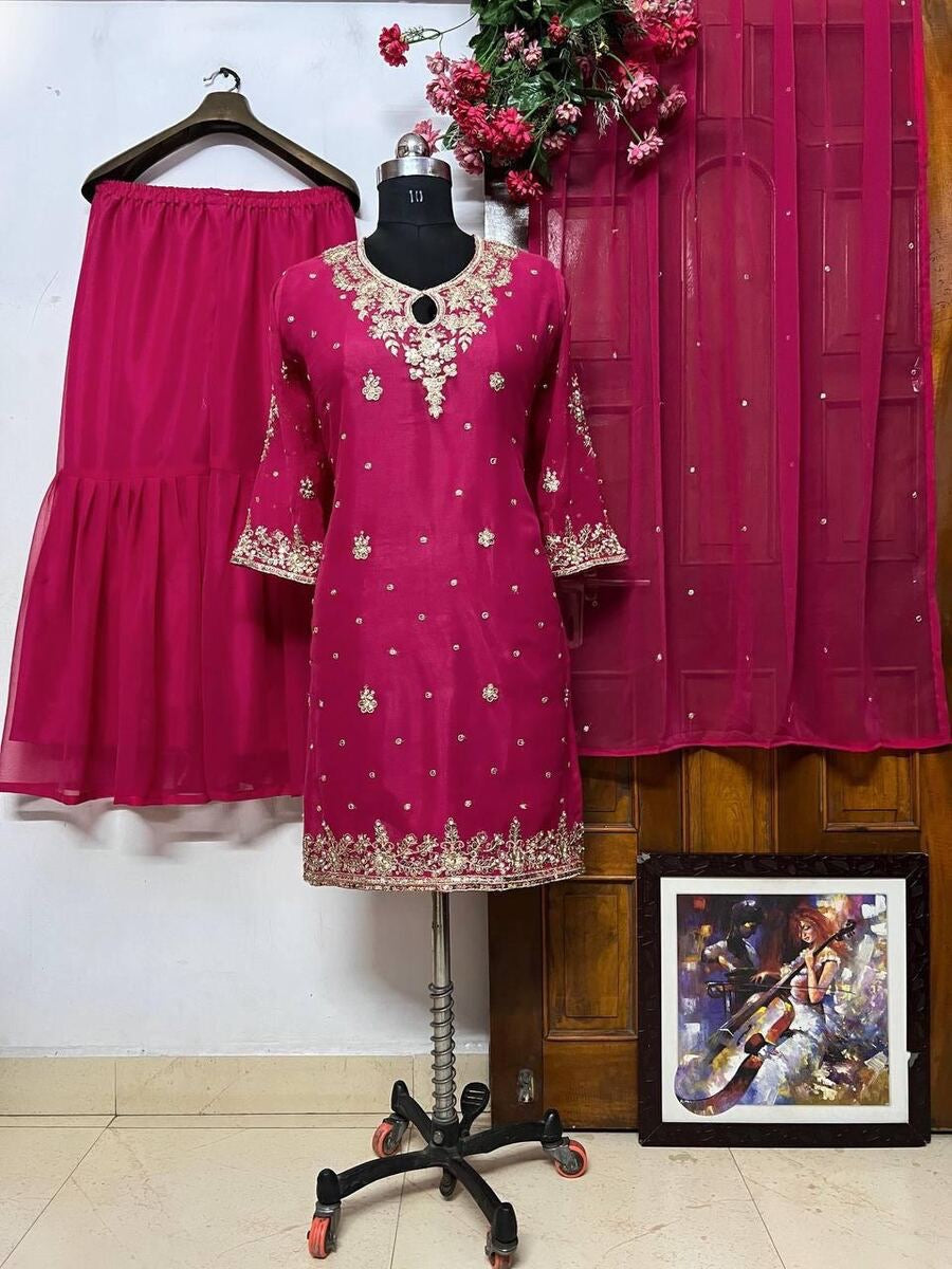 DESIGNER GEORGETTE SEQUENCE EMBROIDERY PEARL WORK TOP SHARARA WITH DUPATTA PINK