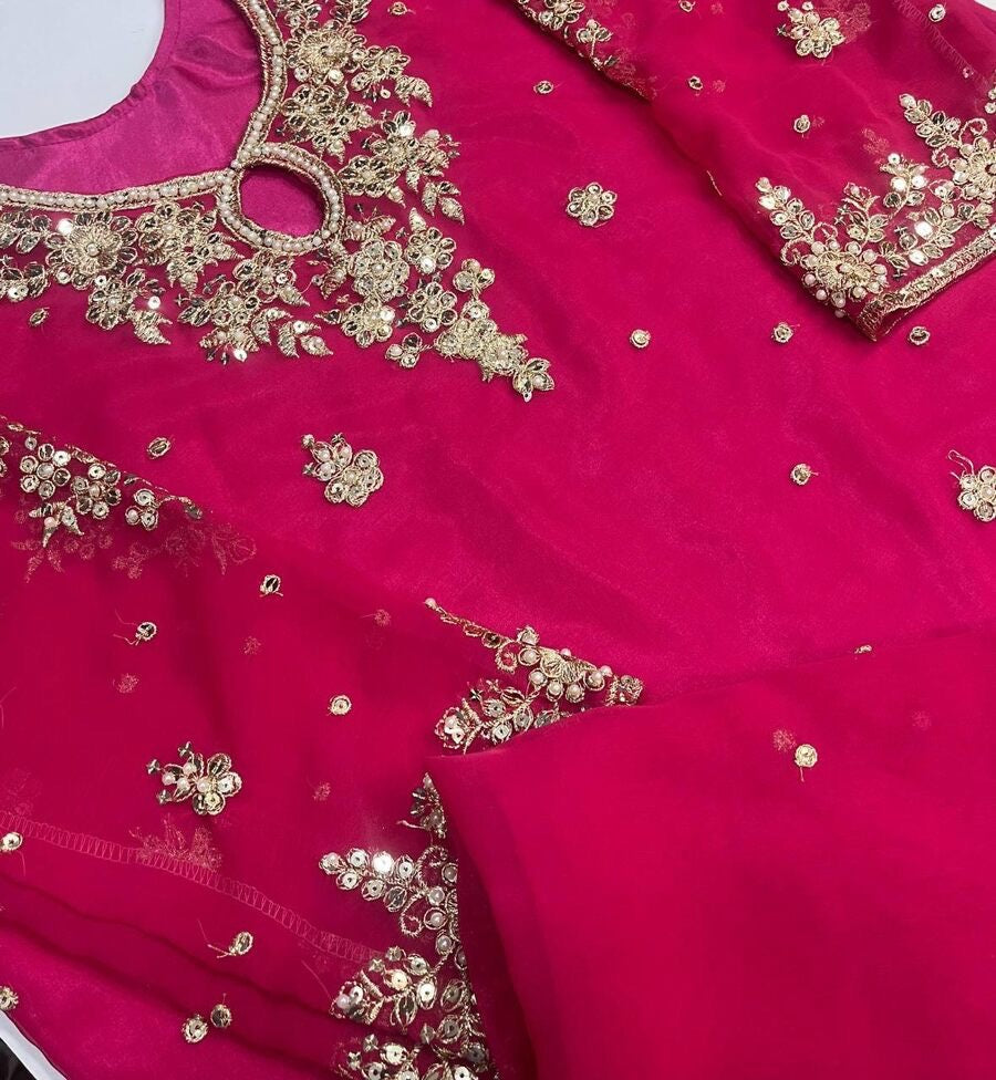 DESIGNER GEORGETTE SEQUENCE EMBROIDERY PEARL WORK TOP SHARARA WITH DUPATTA PINK