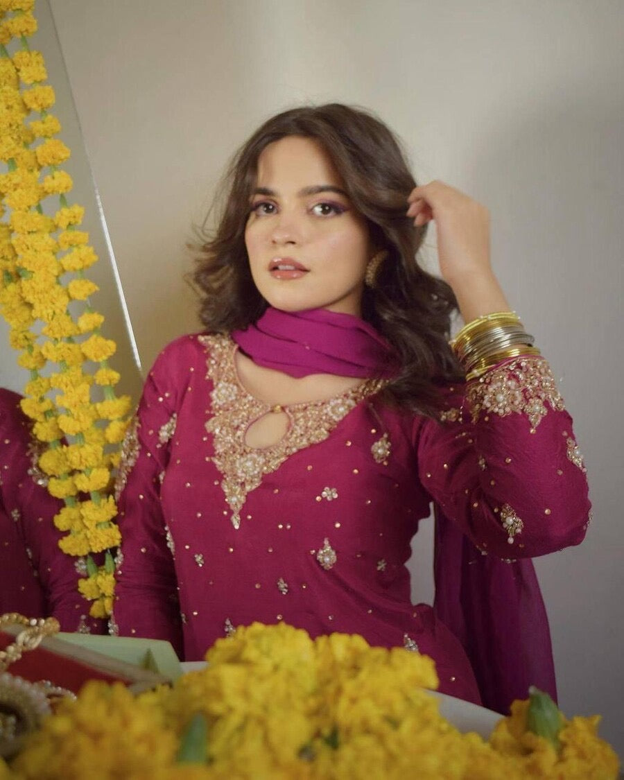 DESIGNER GEORGETTE SEQUENCE EMBROIDERY PEARL WORK TOP SHARARA WITH DUPATTA PINK