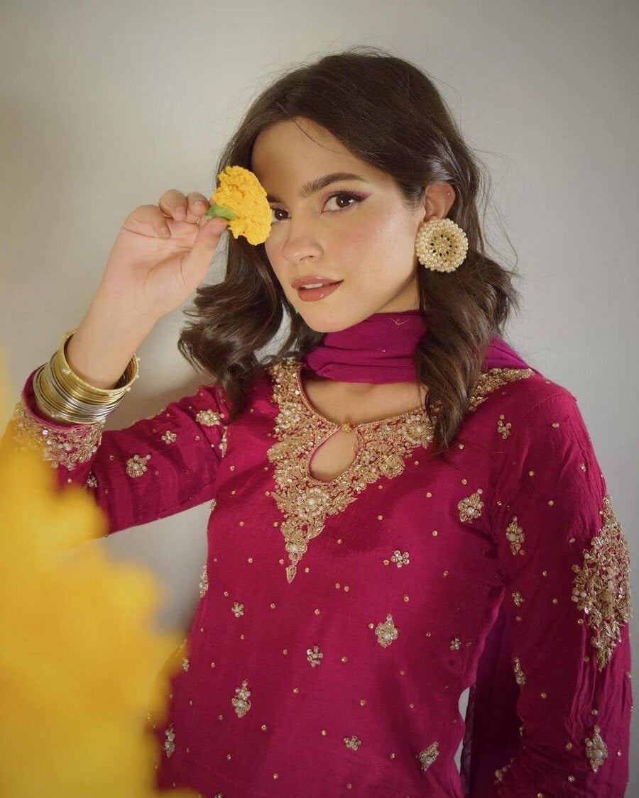 DESIGNER GEORGETTE SEQUENCE EMBROIDERY PEARL WORK TOP SHARARA WITH DUPATTA PINK