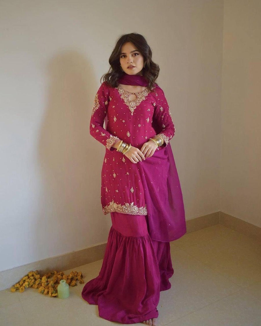 DESIGNER GEORGETTE SEQUENCE EMBROIDERY PEARL WORK TOP SHARARA WITH DUPATTA PINK