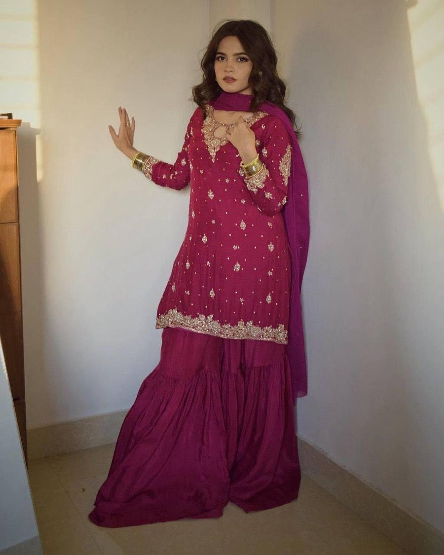 DESIGNER GEORGETTE SEQUENCE EMBROIDERY PEARL WORK TOP SHARARA WITH DUPATTA PINK