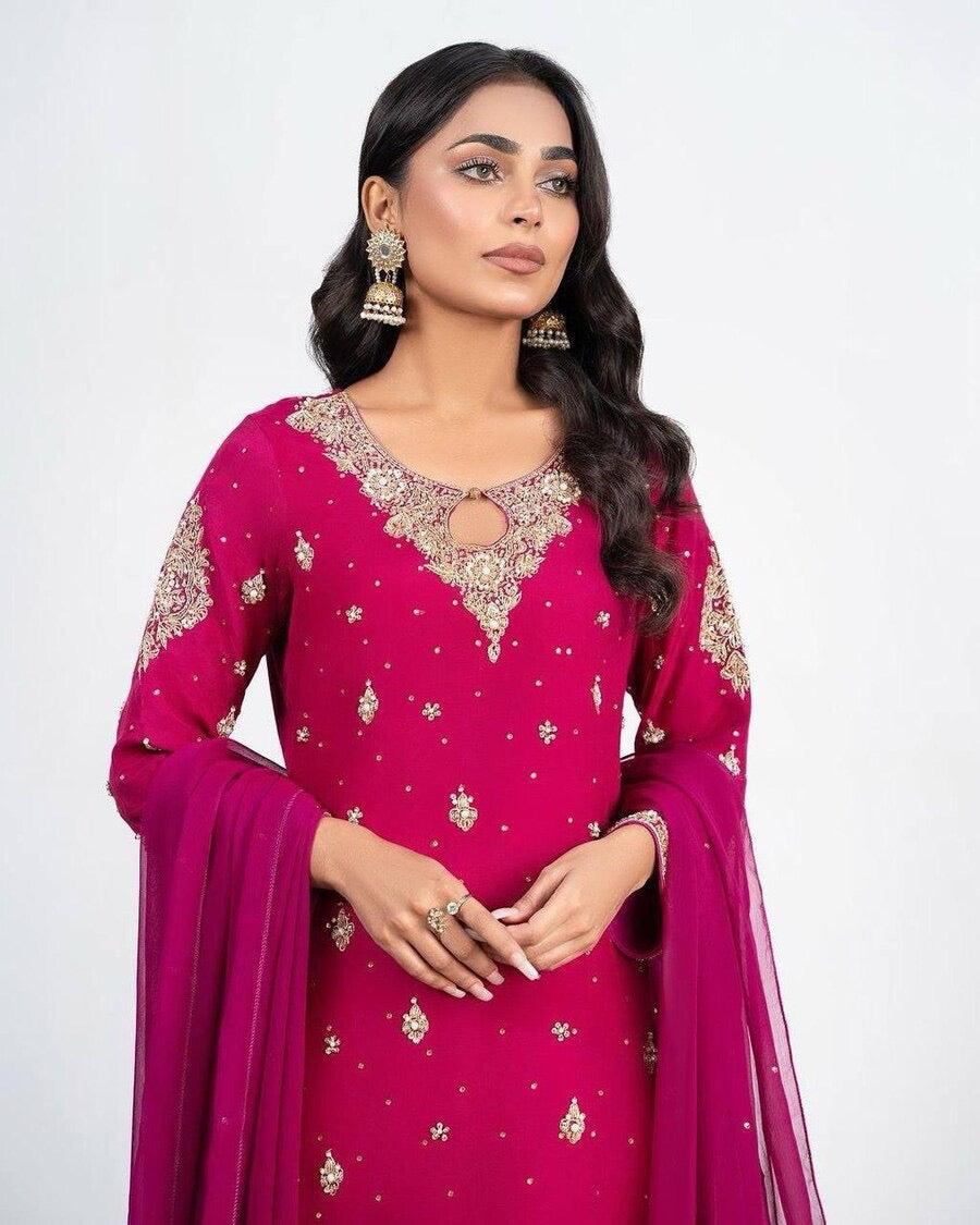 DESIGNER GEORGETTE SEQUENCE EMBROIDERY PEARL WORK TOP SHARARA WITH DUPATTA PINK