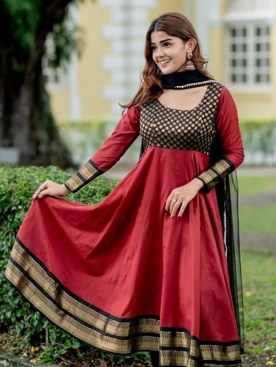 MOST PICKED VICHITRA SILK JACQUARD WORK ANARKALI TOP WITH DUPATTA 2PC SET.