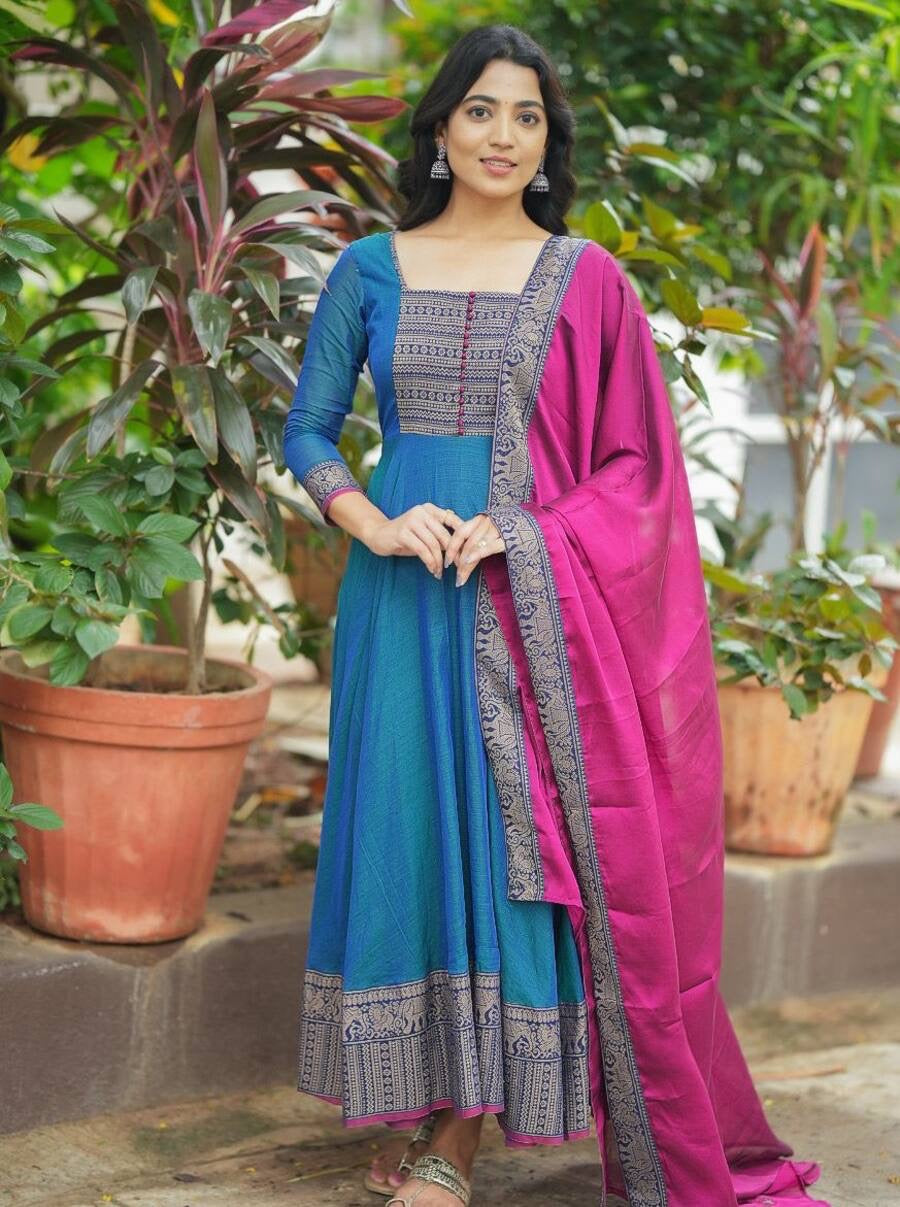 NEW ARRIVAL VICHITRA SILK JACQUARD ZARI WEAVING WORK ANARKALI GOWN WITH DUPATTA