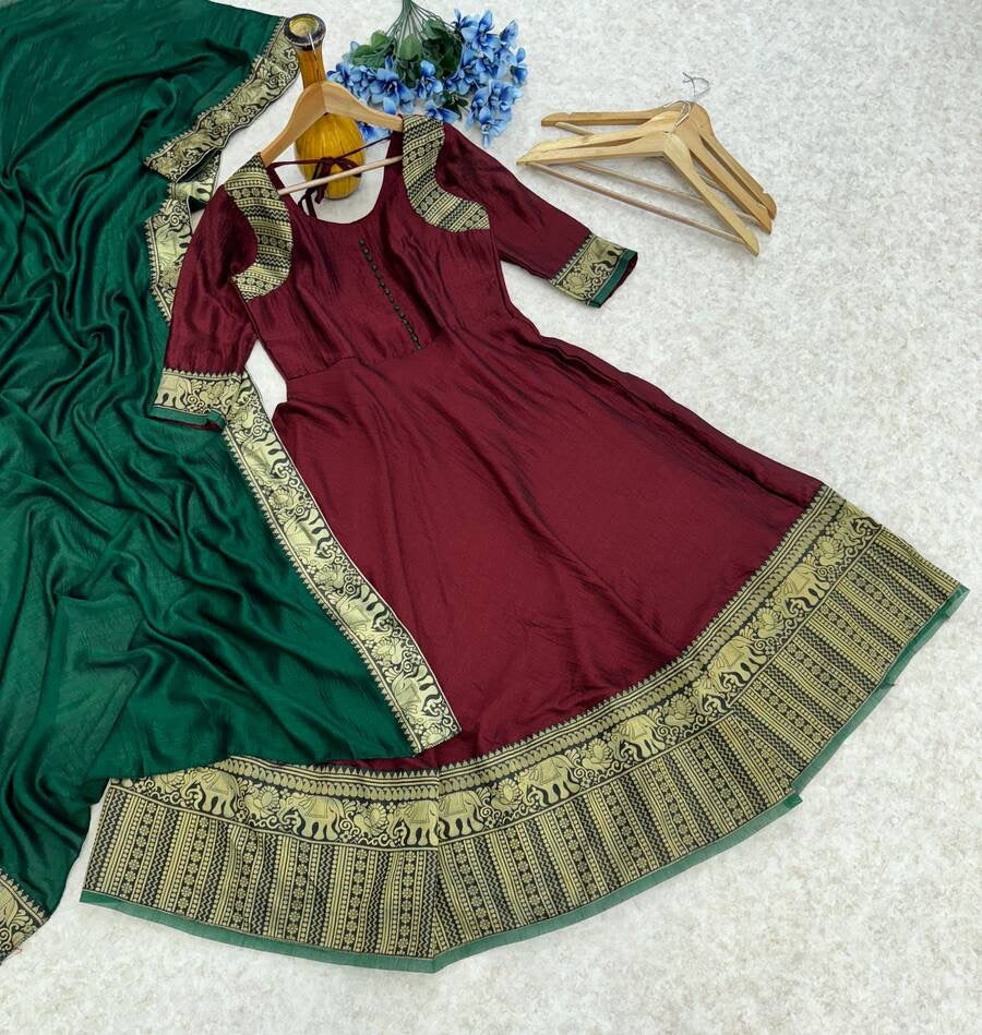 FANCY VICHITRA SILK JACQUARD WEAVING WORK GOWN WITH DUPATTA MAROON