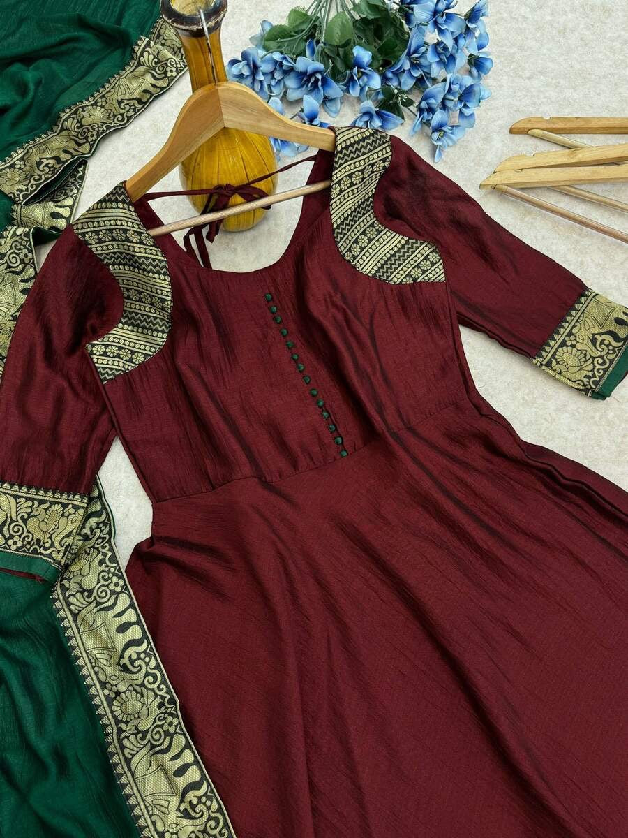 FANCY VICHITRA SILK JACQUARD WEAVING WORK GOWN WITH DUPATTA MAROON