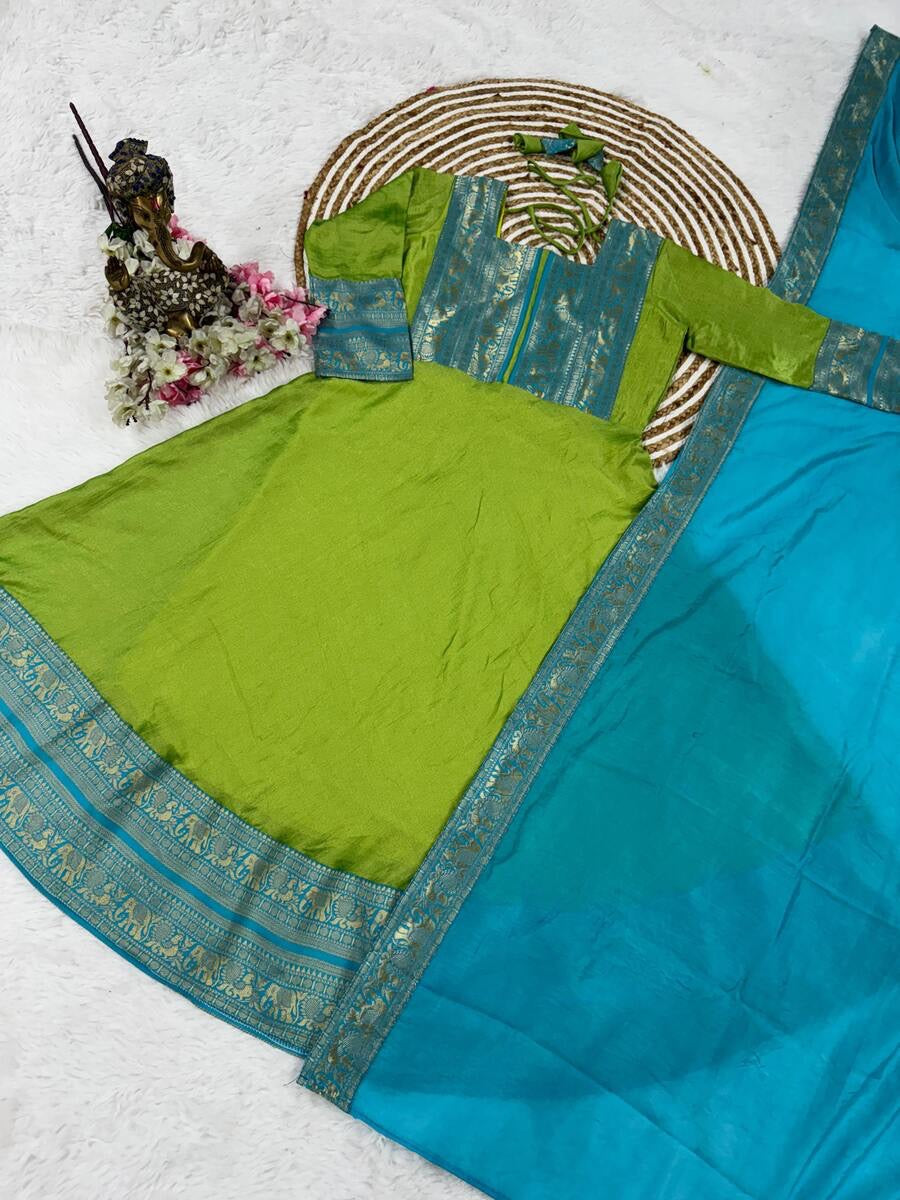 LATEST VICHITRA SILK JACQUARD WEAVING ZARI BORDER WORK GOWN WITH DUPATTA PARROT GREEN