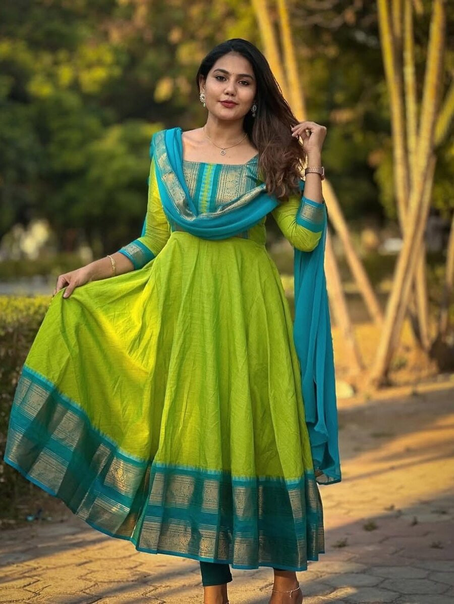 LATEST VICHITRA SILK JACQUARD WEAVING ZARI BORDER WORK GOWN WITH DUPATTA PARROT GREEN