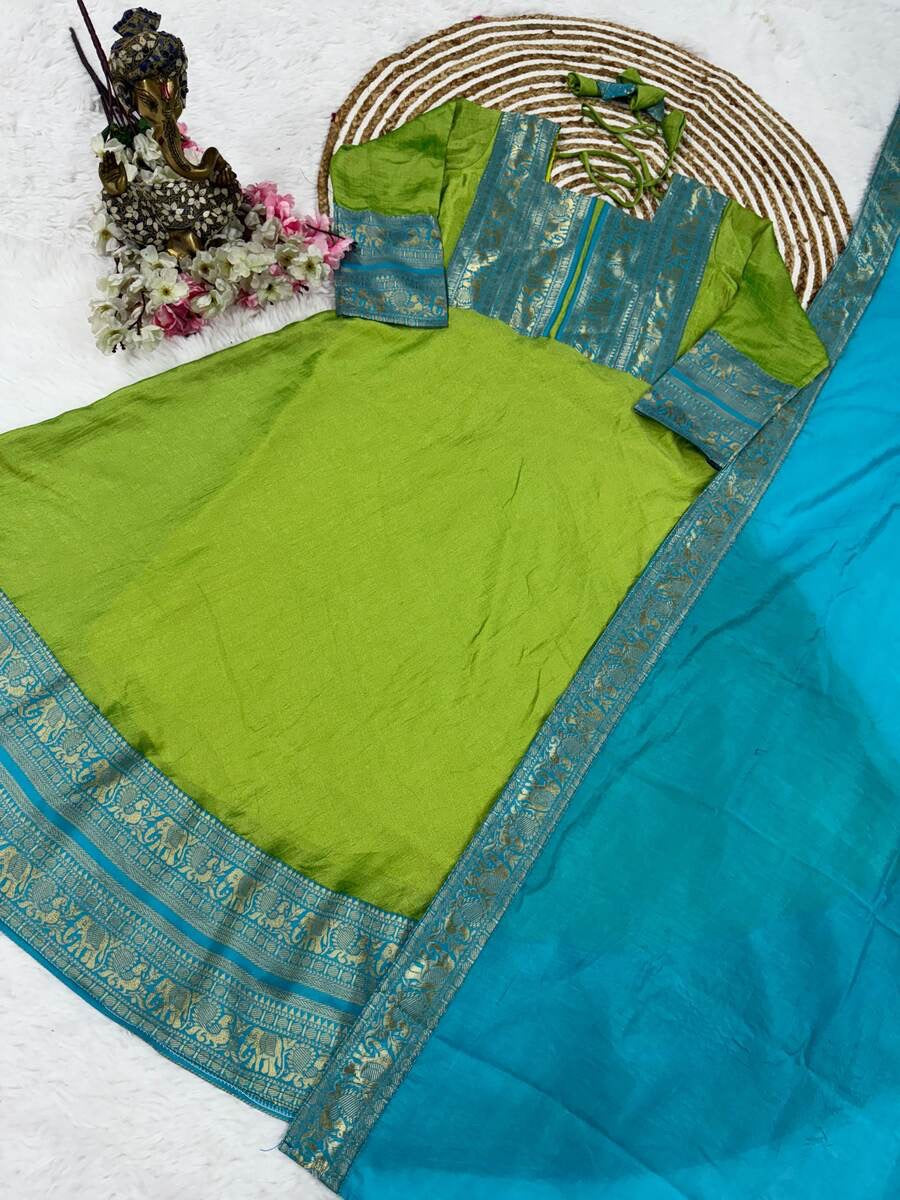 LATEST VICHITRA SILK JACQUARD WEAVING ZARI BORDER WORK GOWN WITH DUPATTA PARROT GREEN