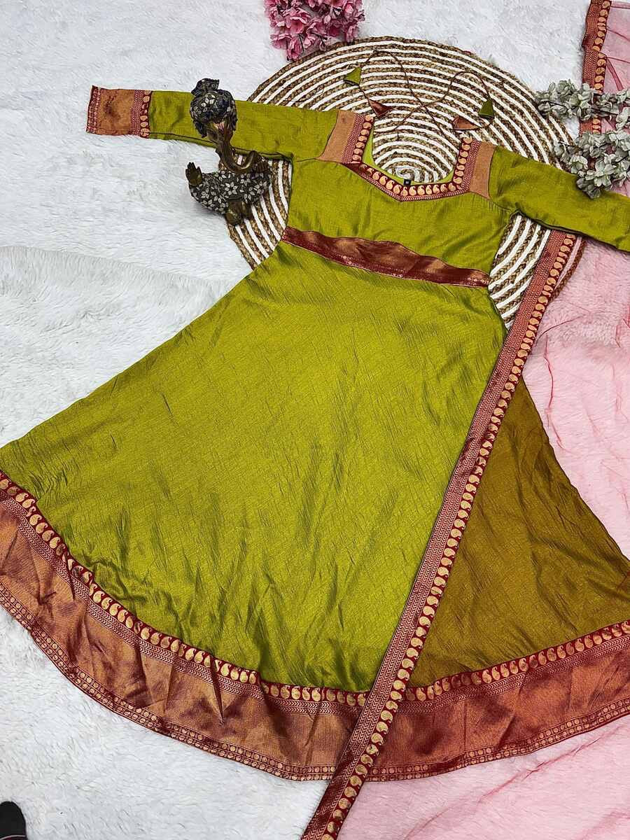 FANCY VICHITRA SILK JACQUARD WEAVING ZARI WORK GOWN WITH DUPATTA PARROT GREEN