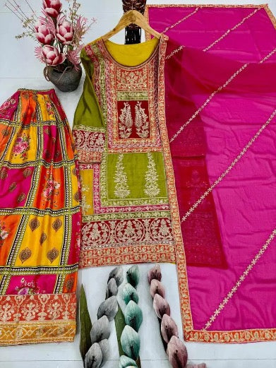 MODERN CHINON SILK CHIAN SEQUENCE WORK TOP PALAZZO WITH DUPATTA MULTI IN SIZE XL