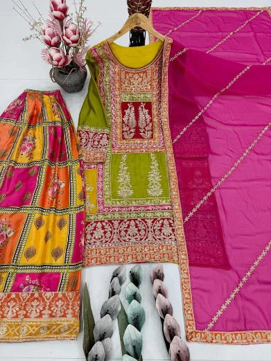 MODERN CHINON SILK CHIAN SEQUENCE WORK TOP PALAZZO WITH DUPATTA MULTI IN SIZE XL