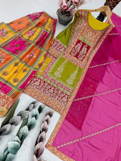 MODERN CHINON SILK CHIAN SEQUENCE WORK TOP PALAZZO WITH DUPATTA MULTI IN SIZE XL