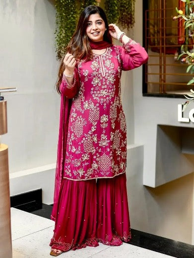 DESIGNER GEORGETTE EMBROIDERY SEQUENCE WORK TOP SHARARA WITH DUPATTA