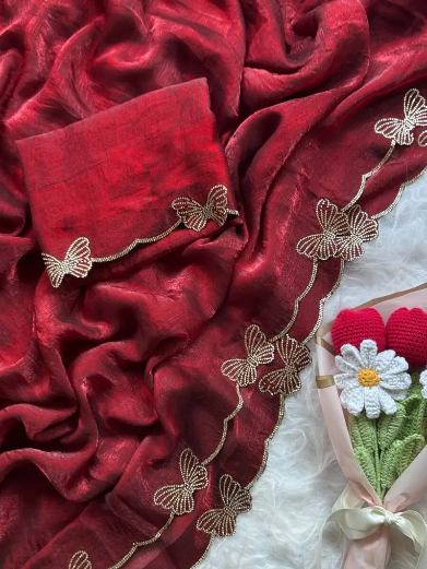 DESIGNER FENDY CHIFFON BUTTERFLY SWAROVSKI WORK WITH SCALLOP BORDER WORK SAREE WITH UNSTITCHED BLOUSE