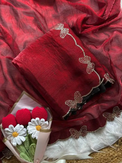 DESIGNER FENDY CHIFFON BUTTERFLY SWAROVSKI WORK WITH SCALLOP BORDER WORK SAREE WITH UNSTITCHED BLOUSE