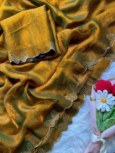 DESIGNER FENDY CHIFFON BUTTERFLY SWAROVSKI WORK WITH SCALLOP BORDER WORK SAREE WITH UNSTITCHED BLOUSE