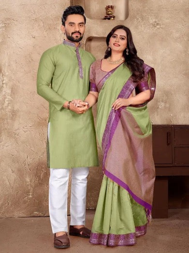FANCY LINEN SILK JACQUARD PRINT MEN’S KURTA AND WOMEN’S SAREE WITH UNSTITCHED BLOUSE COUPLE COMBO PISTA