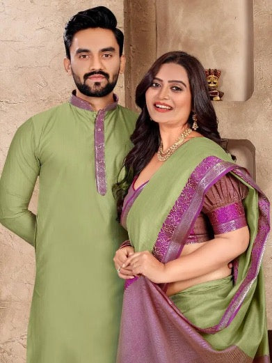 FANCY LINEN SILK JACQUARD PRINT MEN’S KURTA AND WOMEN’S SAREE WITH UNSTITCHED BLOUSE COUPLE COMBO PISTA