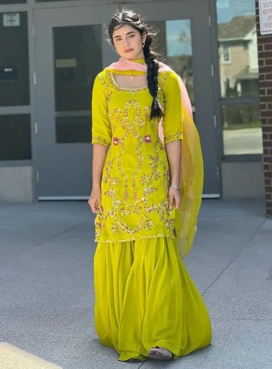 DESIGNER GEORGETTE SEQUENCE EMBROIDERY WORK TOP SHARARA WITH DUPATTA LEMON