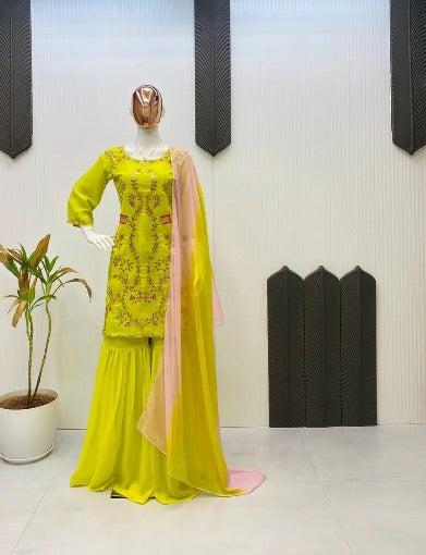 DESIGNER GEORGETTE SEQUENCE EMBROIDERY WORK TOP SHARARA WITH DUPATTA LEMON