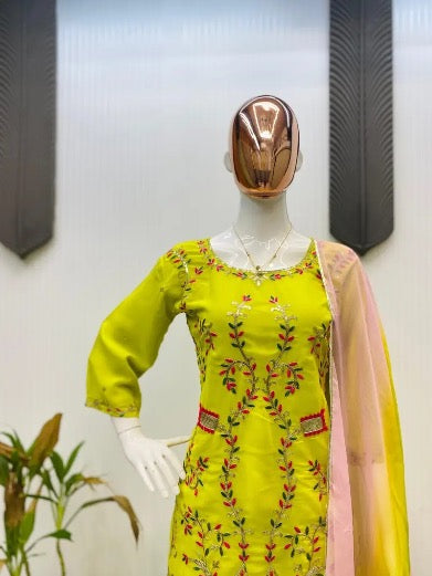 DESIGNER GEORGETTE SEQUENCE EMBROIDERY WORK TOP SHARARA WITH DUPATTA LEMON