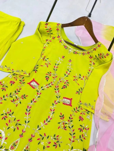 DESIGNER GEORGETTE SEQUENCE EMBROIDERY WORK TOP SHARARA WITH DUPATTA LEMON