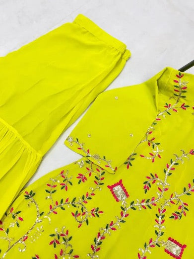 DESIGNER GEORGETTE SEQUENCE EMBROIDERY WORK TOP SHARARA WITH DUPATTA LEMON