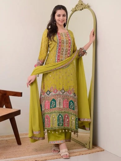 RICH LOOK MUSLIN COTTON DIGITAL PRINT WITH REAL MIRROR HANDWORK TOP BOTTOM WITH DUPATTA YELLOW