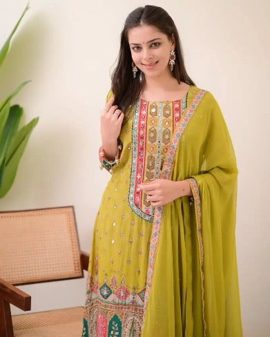 RICH LOOK MUSLIN COTTON DIGITAL PRINT WITH REAL MIRROR HANDWORK TOP BOTTOM WITH DUPATTA YELLOW